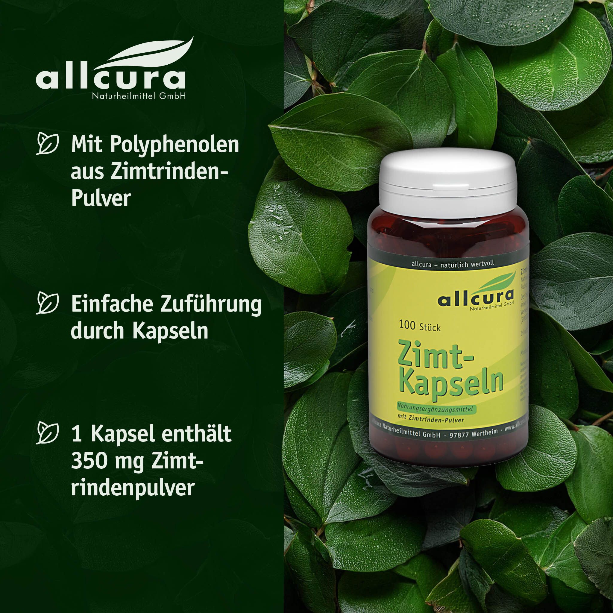 Braune Flasche mit weißen Deckel. Aufkleber mit Produktbezeichnung Zimt-Kapseln. Marke: allcura. Hintergrund: grüne Blätter.