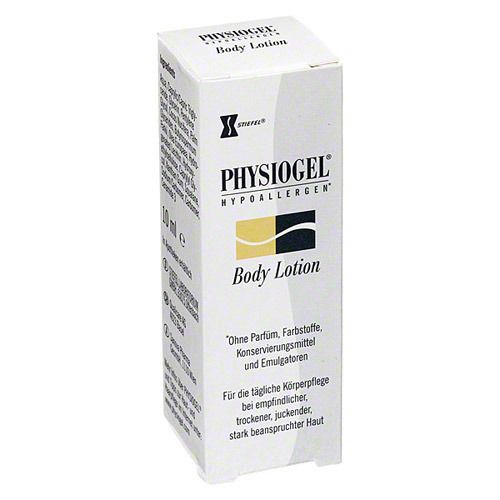 Weiße Schachtel mit PHYSIOGEL Body Lotion Aufschrift. Enthält Informationen über Inhaltsstoffe und Anwendung für empfindliche Haut.