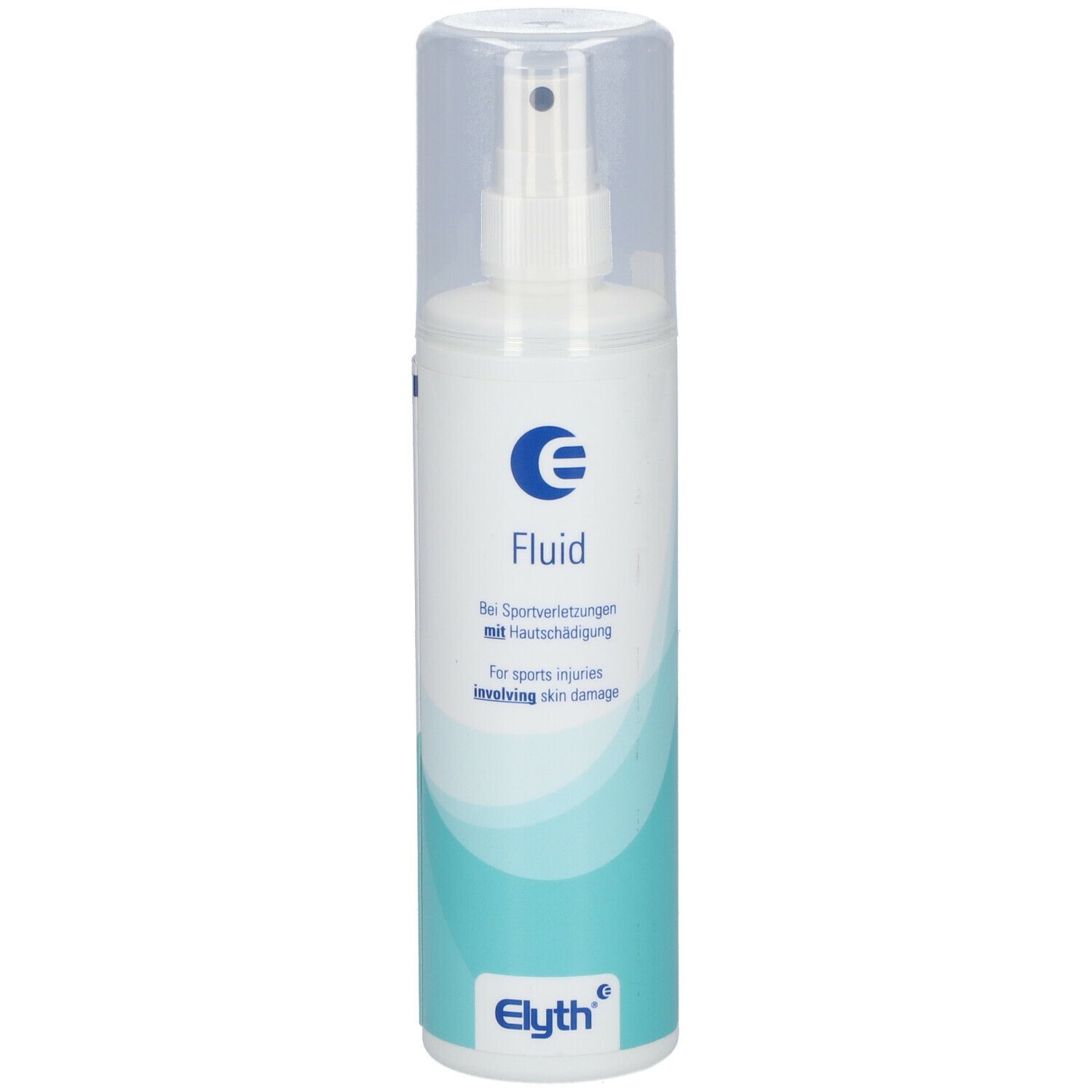 Weißes Fluid mit Sprühkopf und transparentem Deckel. Türkisfarbener Streifen. Aufschrift: Fluid, E, Bei Sportverletzungen.