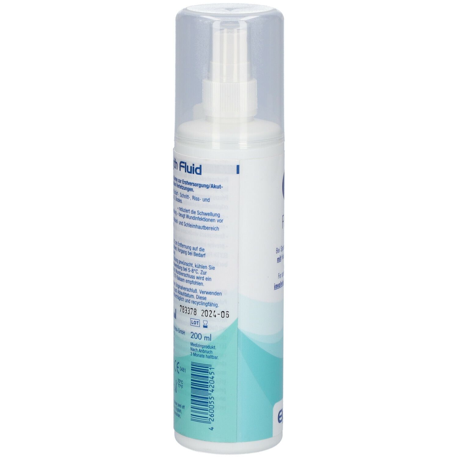 Weißes Fluid mit Sprühkopf und transparentem Deckel. Rückseite mit Text und Chargennummer. 200 ml.