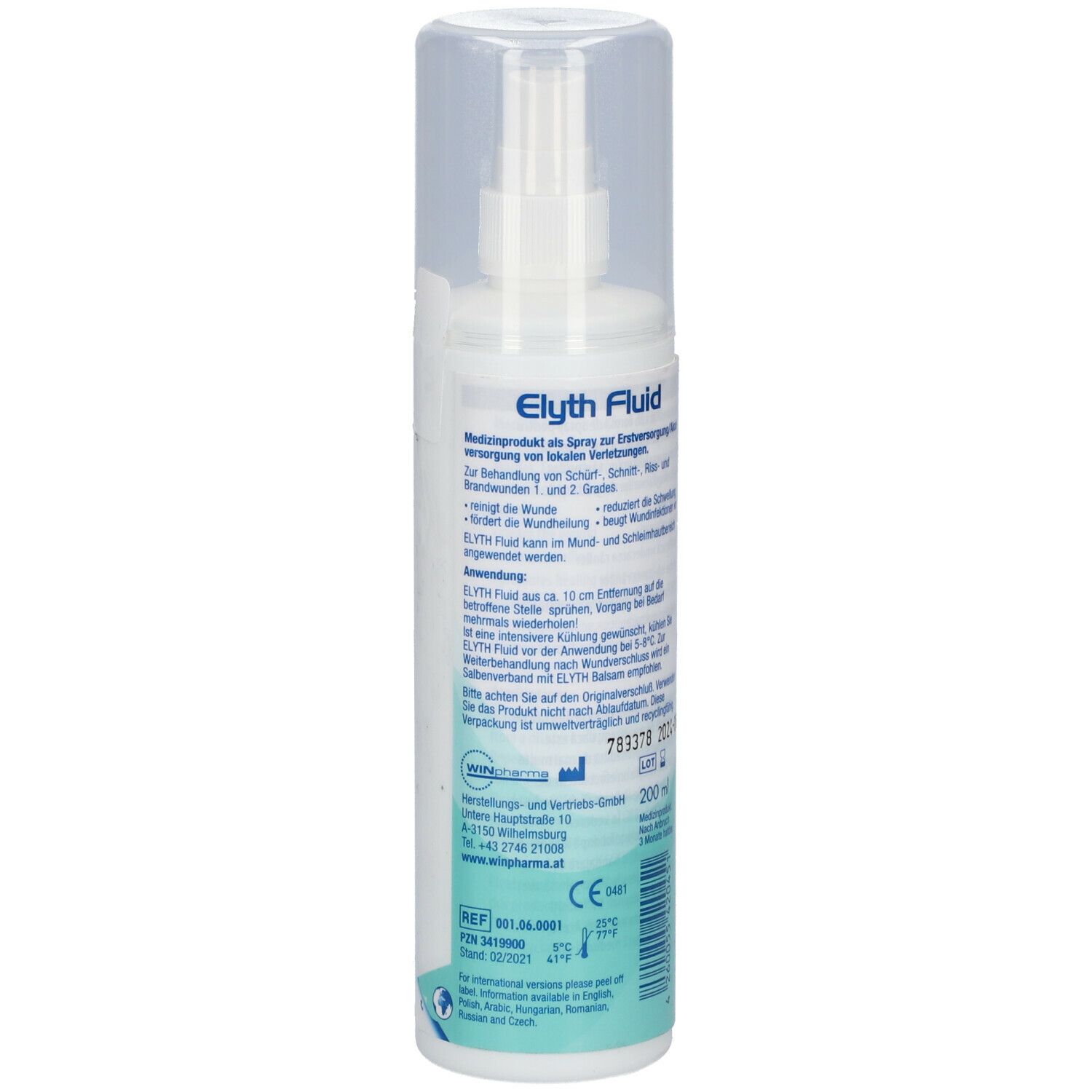 Weißes Fluid mit Sprühkopf und transparentem Deckel. Rückseite mit Text. 200 ml. Medizinprodukt.