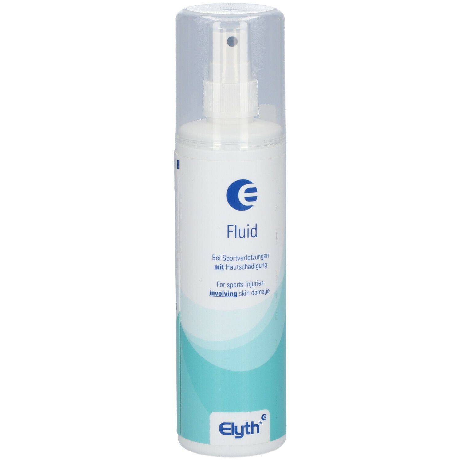 Weißes Fluid mit Sprühkopf und transparentem Deckel. Türkisfarbener Streifen. Aufschrift: Fluid, E, Bei Sportverletzungen.