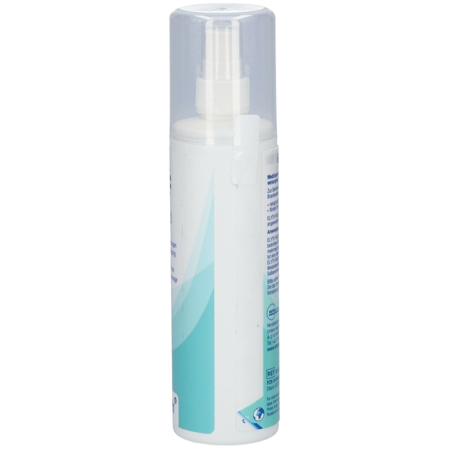 Weißes Fluid mit Sprühkopf und transparentem Deckel. Rückseite mit Text. 200 ml.