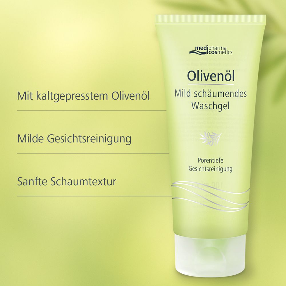 Grüne Tube mit Olivenöl-Waschgel. Text: 'Mit kaltgepresstem Olivenöl', 'Milde Gesichtsreinigung'.