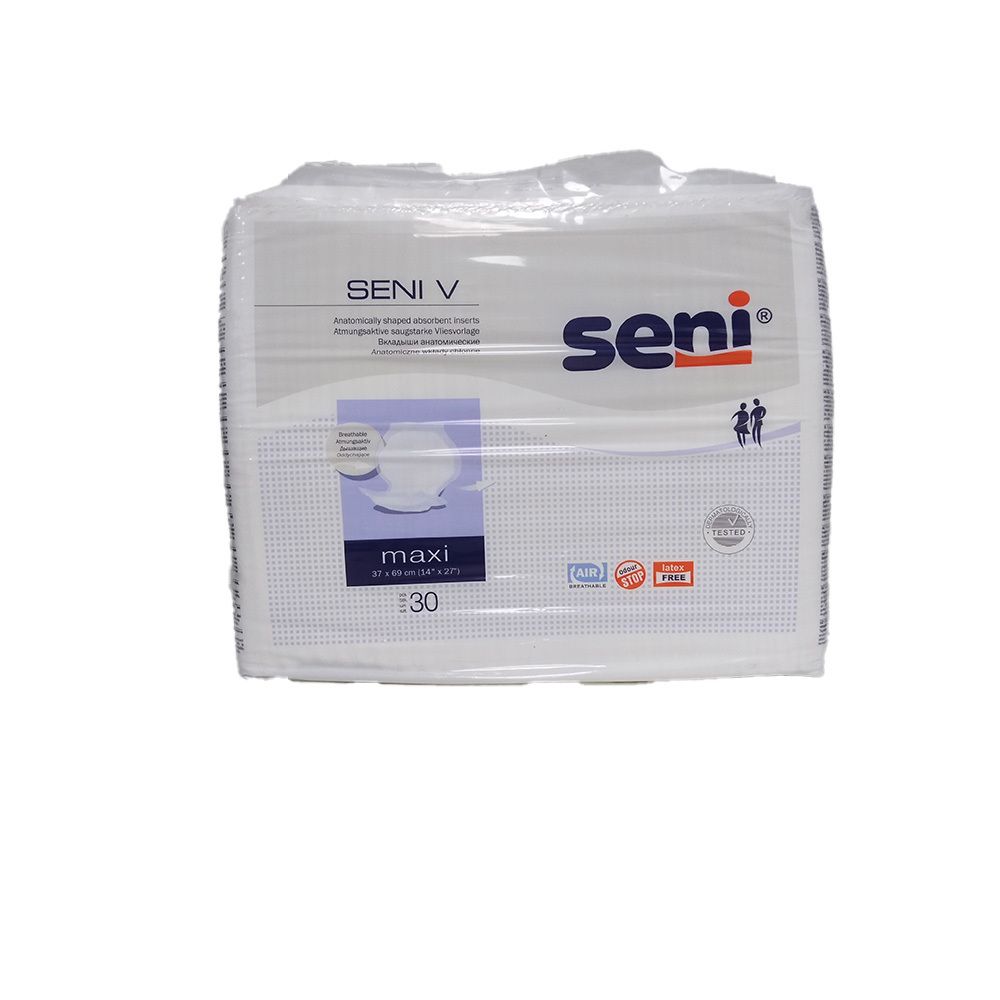 Verpackung mit Seni V Maxi. Weiße, rechteckige Packung mit Produktinformationen und Logo. Maxi-Größe deutlich sichtbar.