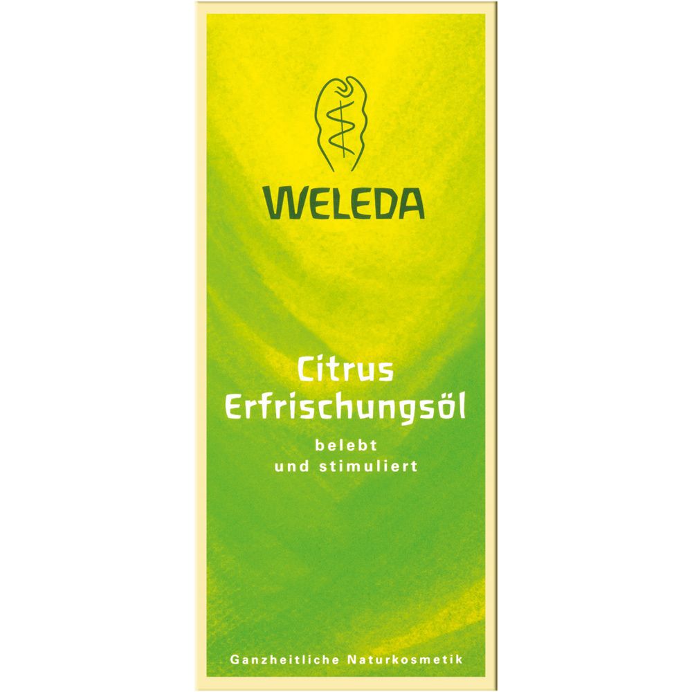 Grüne Verpackung mit Text: WELEDA, Citrus Erfrischungsöl. Ganzheitliche Naturkosmetik.
