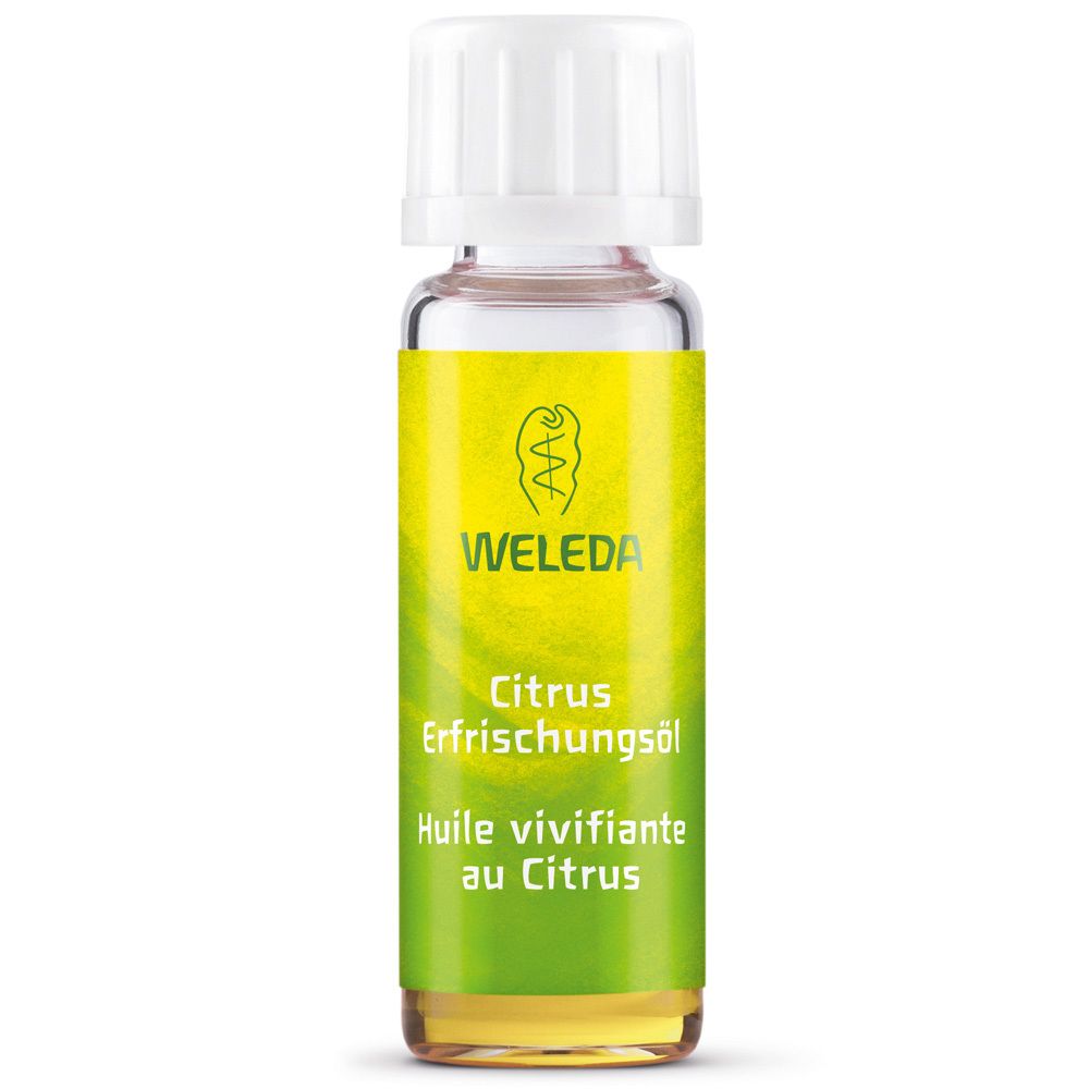 Glasflasche mit weißem Deckel. Etikett mit WELEDA, Citrus Erfrischungsöl, Huile Vivifiante au Citrus.