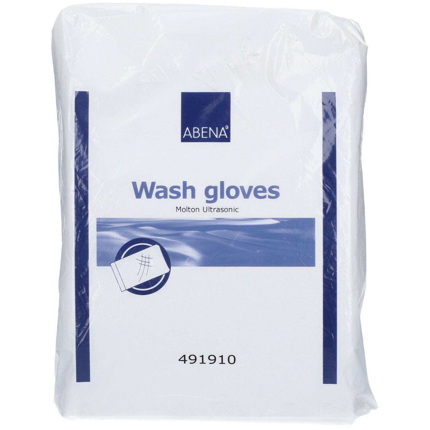 Verpackung mit Abena Waschhandschuhen. Aufschrift: Wash gloves, Molton Ultrasonic. Nummer: 491910. Logo: Abena.