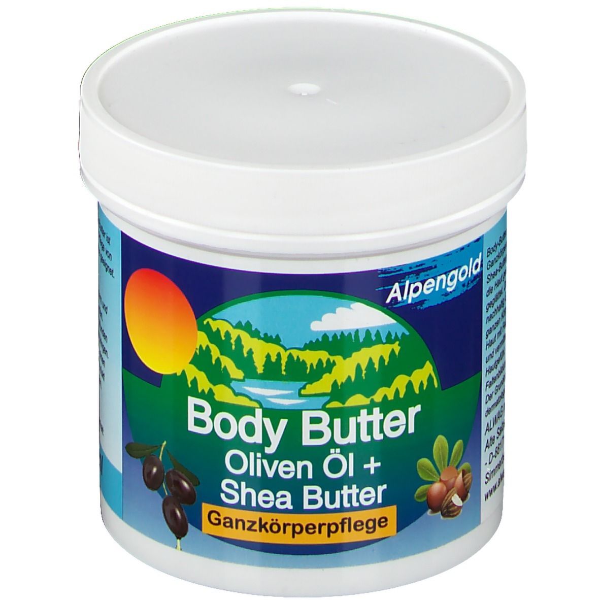 Weißer Tiegel mit Deckel. Aufschrift: Body Butter Oliven Öl + Shea Butter Ganzkörperpflege. Logo: AlpenGold.