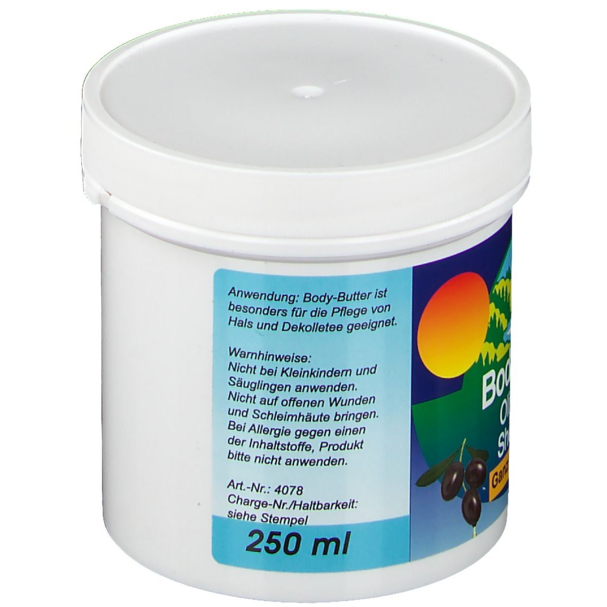 Weißer Tiegel mit Deckel. Aufschrift: Body Butter Oliven Öl + Shea Butter Ganzkörperpflege. 250 ml. Warnhinweise.
