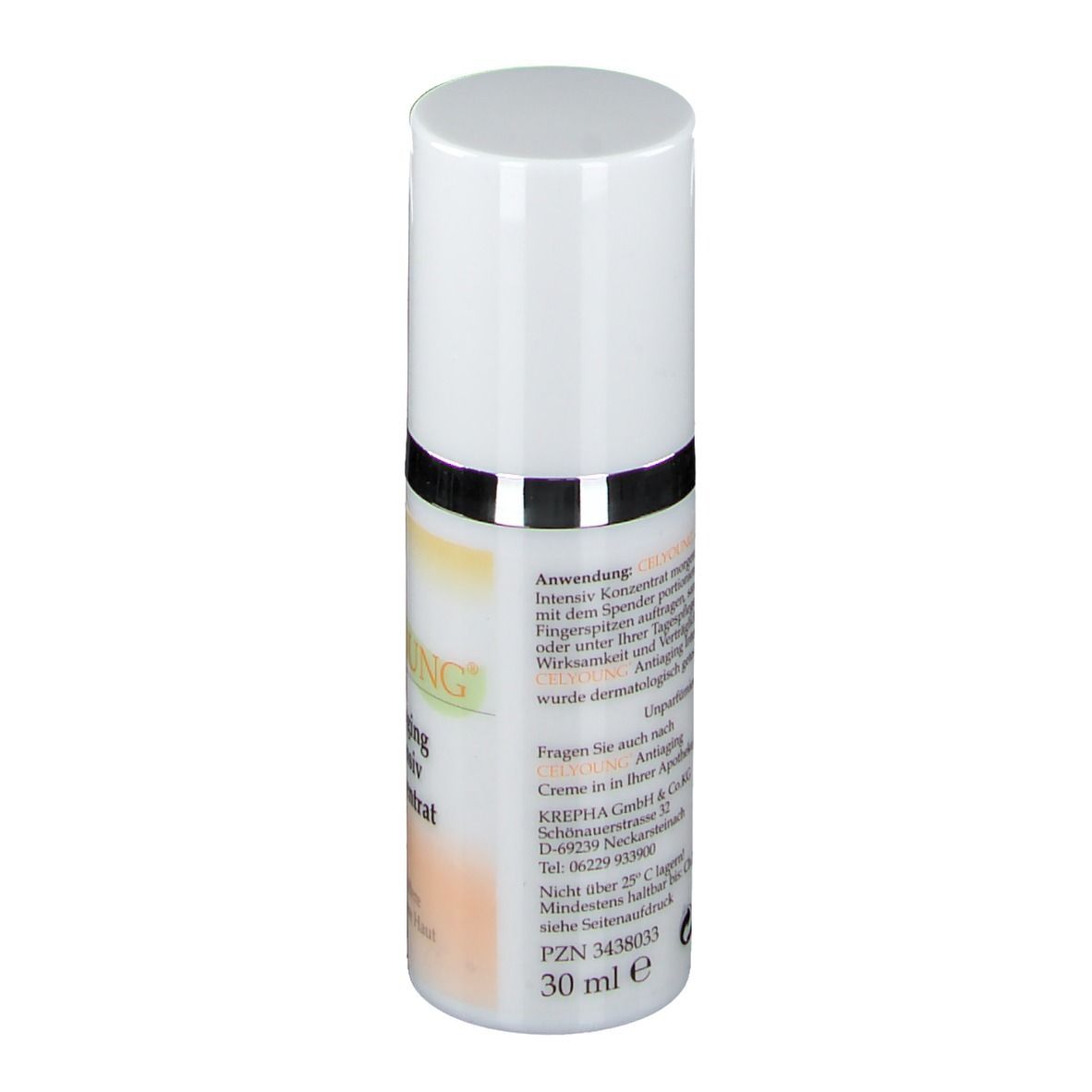 Weiße Flasche mit silbernem Ring. Aufschrift: CELYOUNG, Antiaging Intensiv Konzentrat. Text auf der Rückseite.