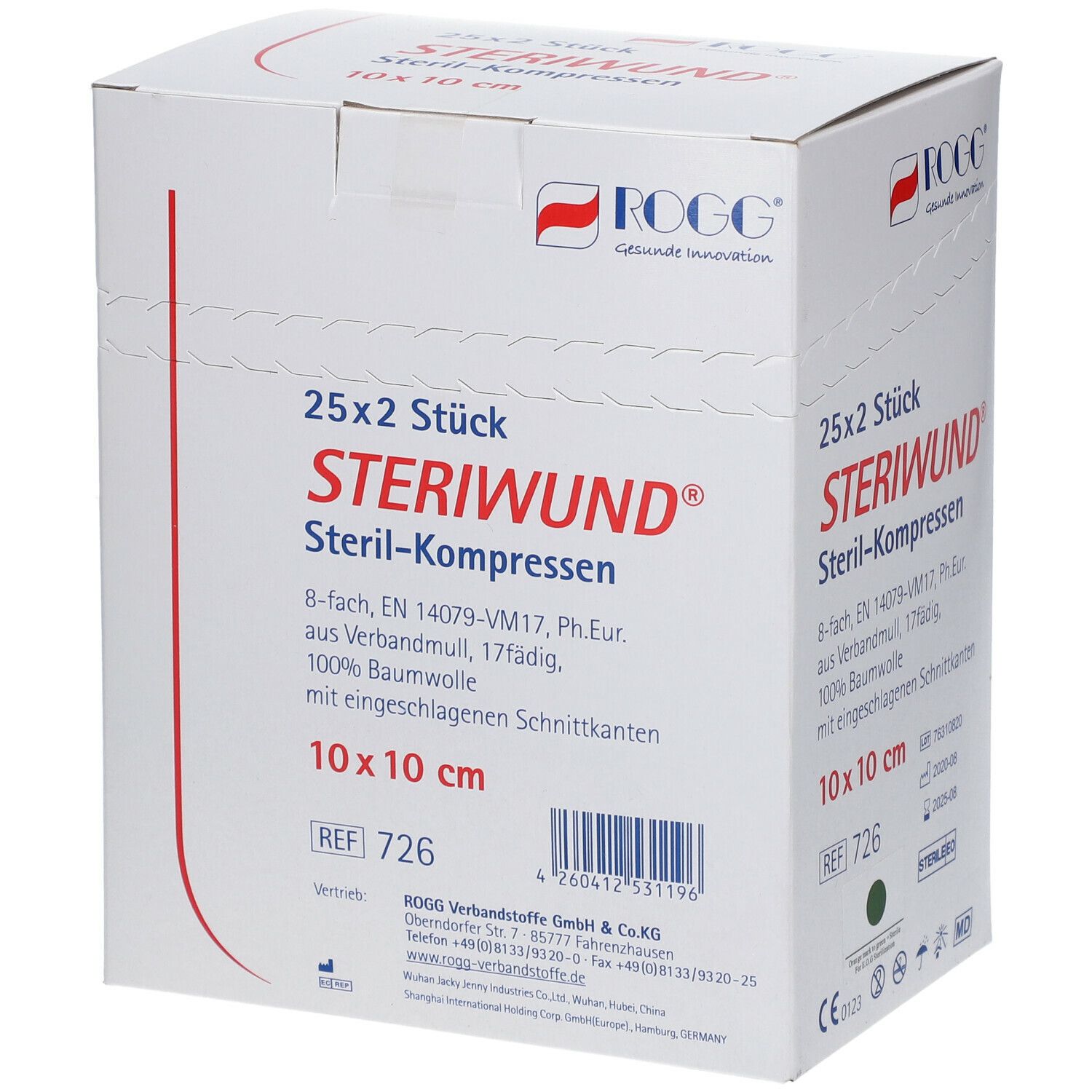 Verpackung mit 25x2 sterilen Kompressen. Marke ROGG, Größe 10x10 cm. Aufdruck: Steriwund Steril-Kompressen.