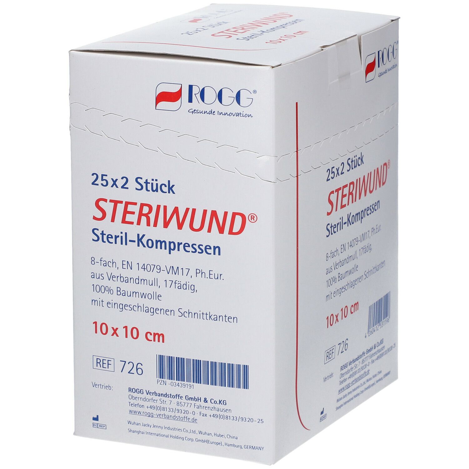 Verpackung mit 25x2 sterilen Kompressen. Marke ROGG, Größe 10x10 cm. Aufdruck: Steriwund Steril-Kompressen.