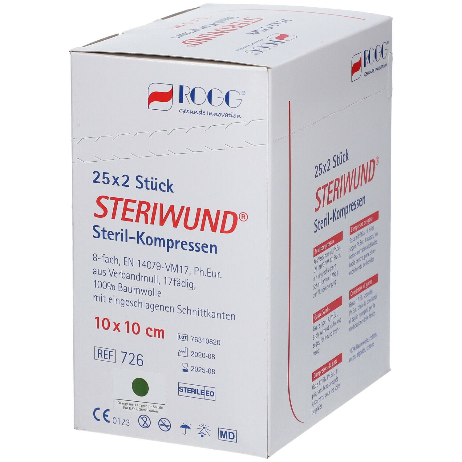 Verpackung mit 25x2 sterilen Kompressen. Marke ROGG, Größe 10x10 cm. Aufdruck: Steriwund Steril-Kompressen.