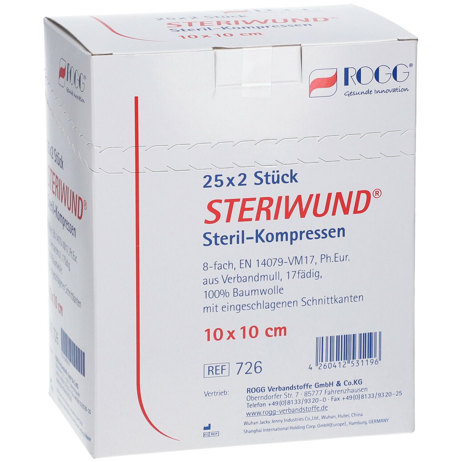 Verpackung mit 25x2 sterilen Kompressen. Marke ROGG, Größe 10x10 cm. Aufdruck: Steriwund Steril-Kompressen.