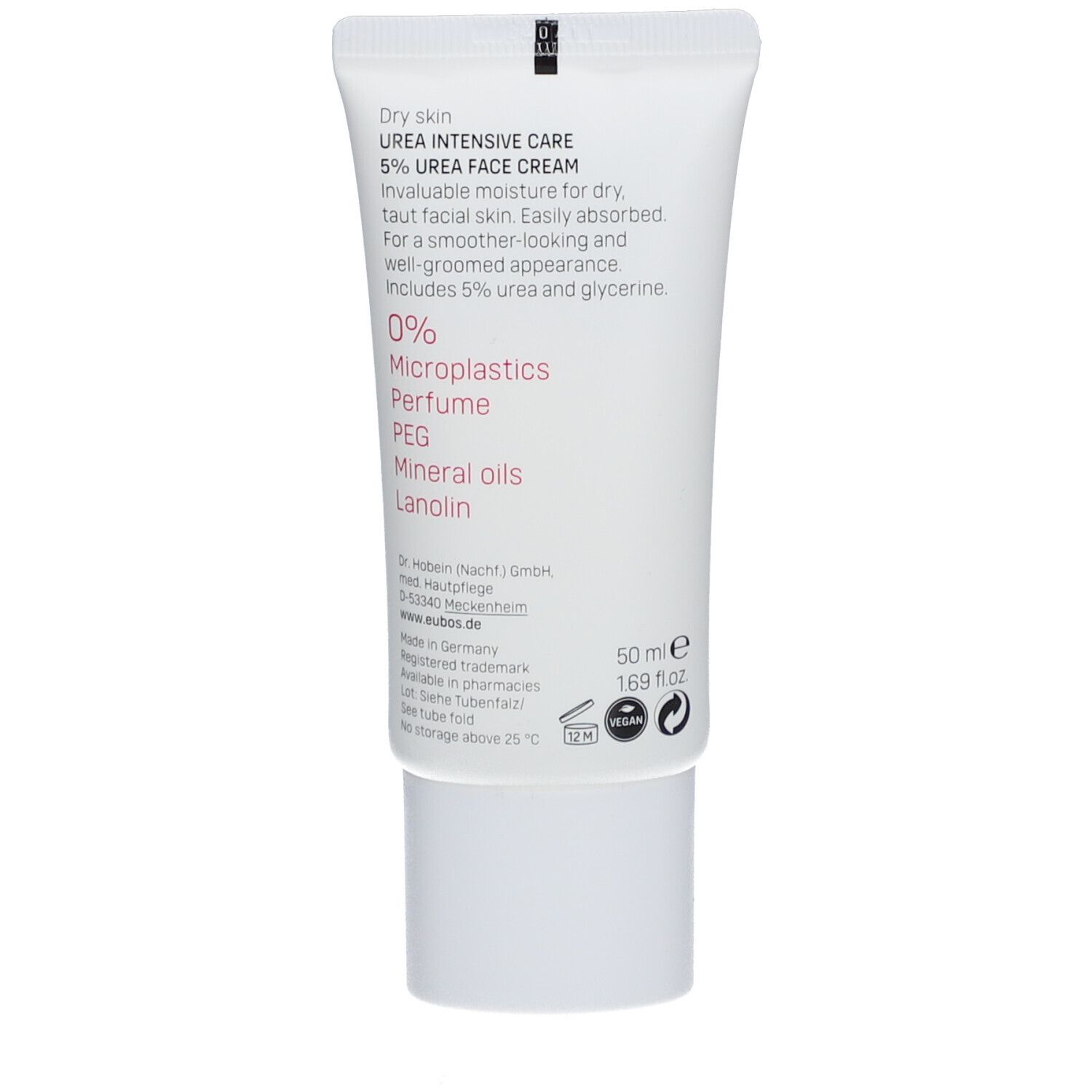 Rückseite der EUBOS Urea Intensive Care Gesichtscreme-Tube. Text und Informationen. 50 ml.
