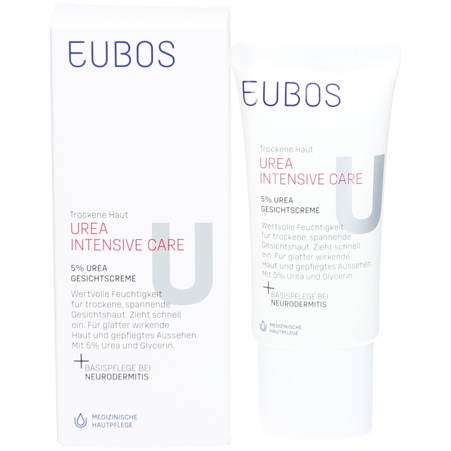 EUBOS Urea Intensive Care Gesichtscreme mit Verpackung. Tube und Schachtel. Weiß und blau.