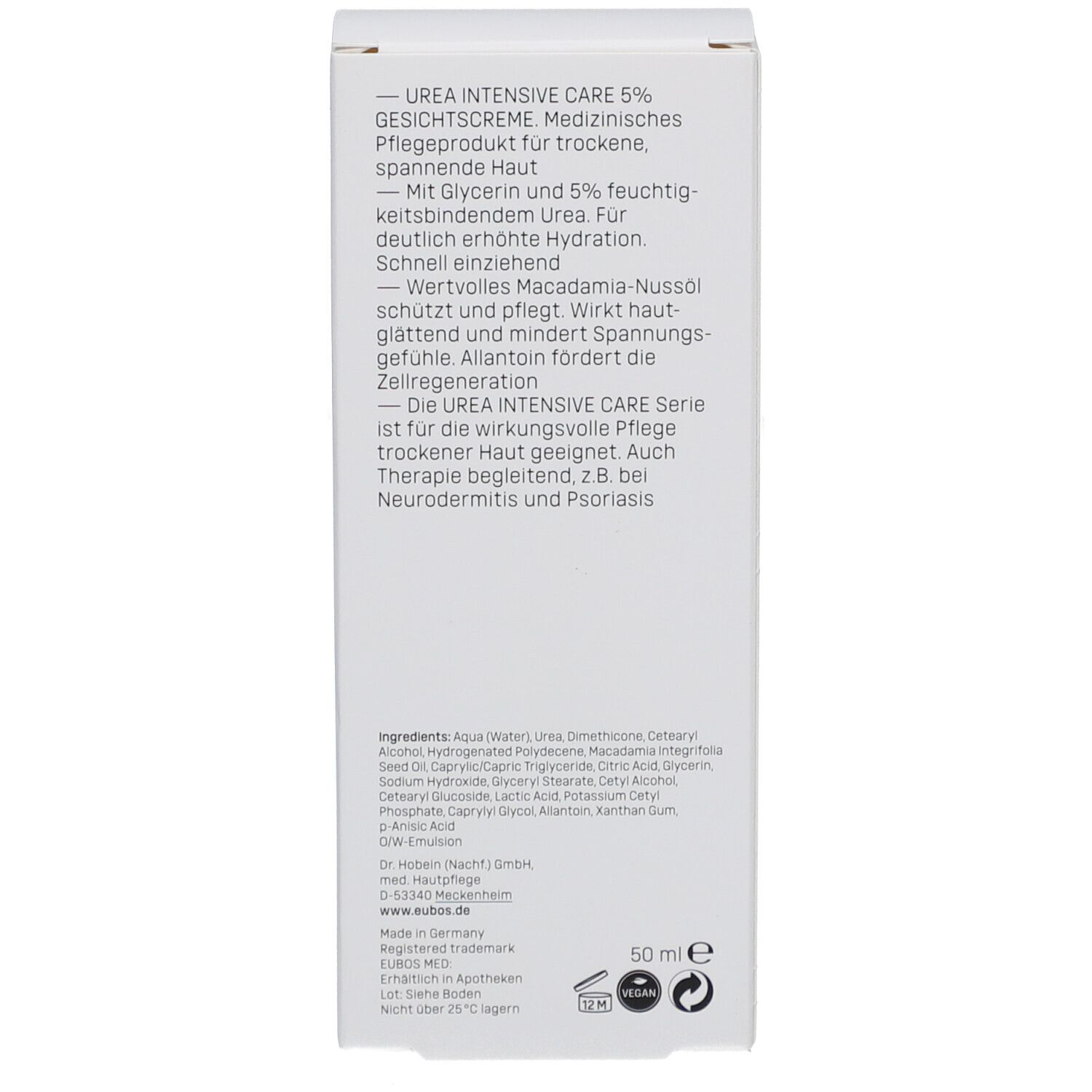 Seite der EUBOS Urea Intensive Care Gesichtscreme Verpackung. Text: 0% Mikroplastik, etc.