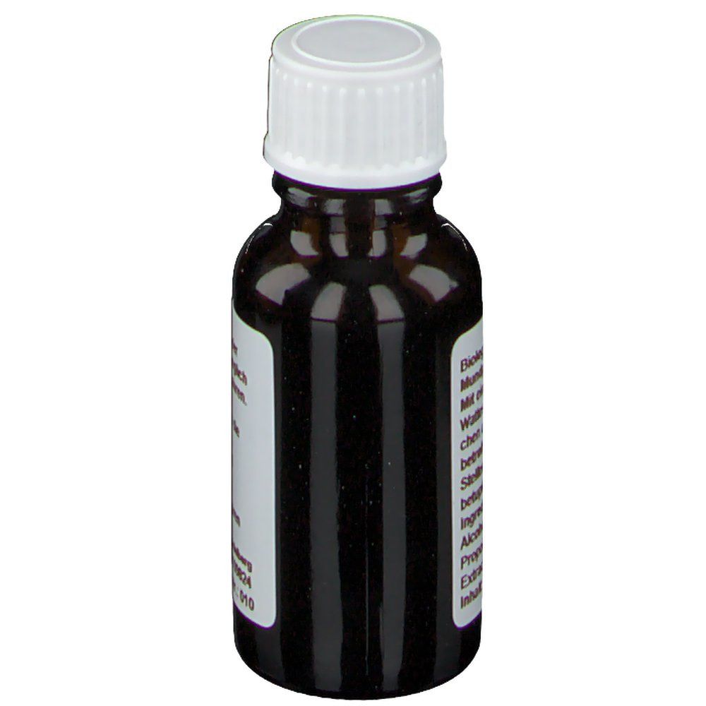 Braune Glasflasche mit weißem Verschluss. Etikett mit Text, u.a. "Propolis", "Extract 30%".