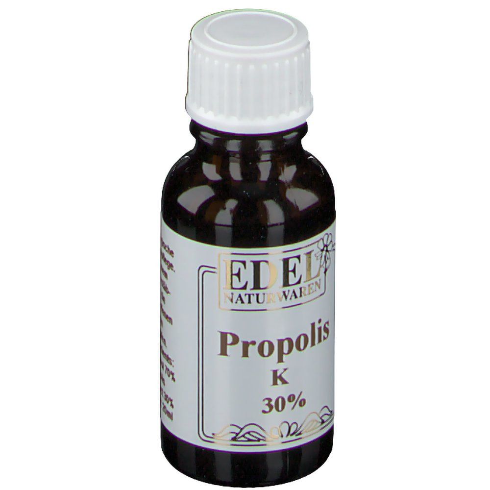 Braune Glasflasche mit weißem Verschluss. Etikett mit "EDEL NATURWAREN", "Propolis K 30%".