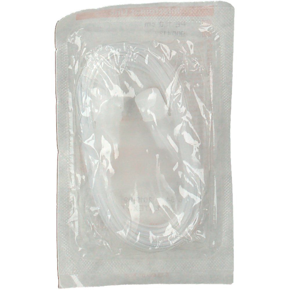 Schlauchleitung in steriler Verpackung. Transparenter Kunststoff. Zwei Anschlüsse. Produktname nicht sichtbar.