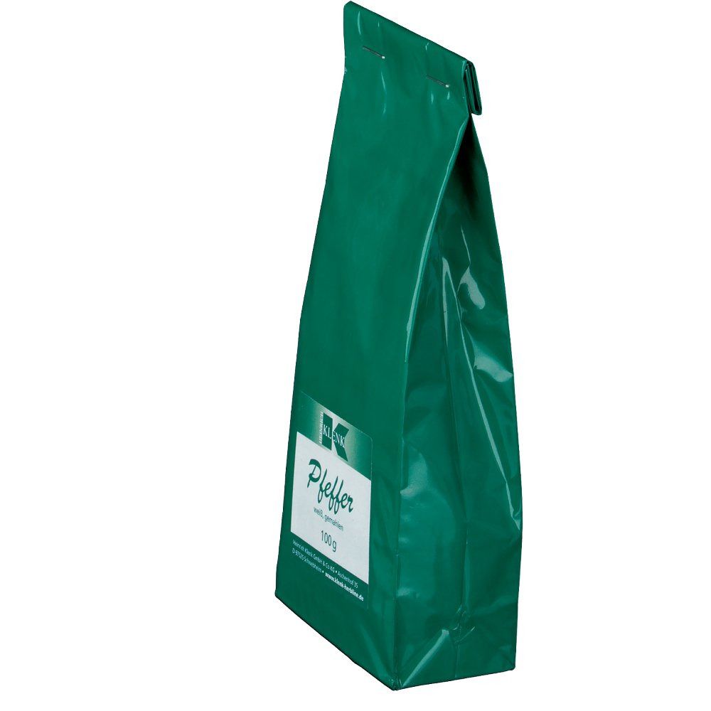 Grüne, glänzende Tüte, seitliche Ansicht. Weißes Etikett mit Klenk-Logo und Aufschrift.
