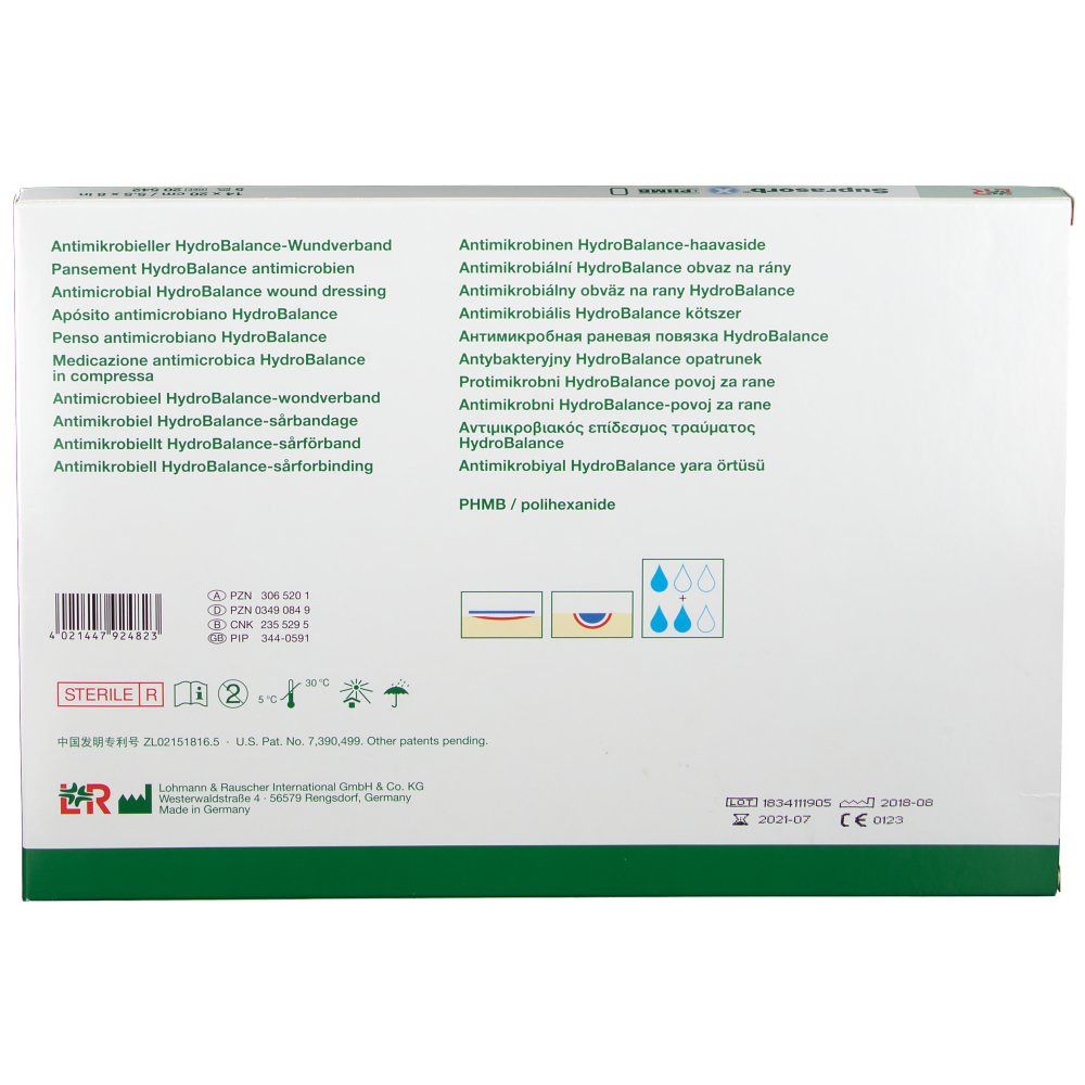 Rückseite der Verpackung. Mehrsprachige Produktinformationen und Symbole.