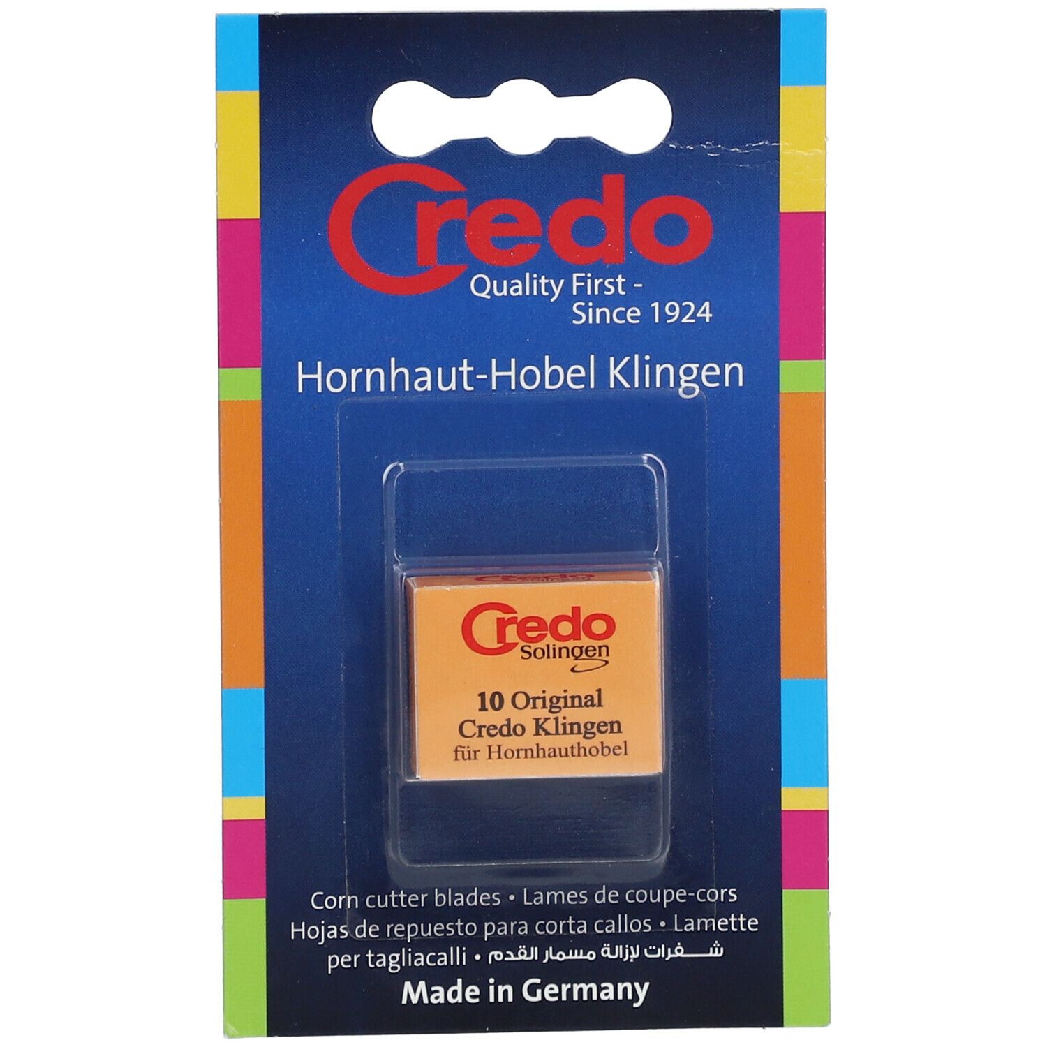 Ersatzklingen in Blisterverpackung. Orangefarbene Klingen mit Credo-Logo. Aufschrift: 10 Original Credo Klingen. Mehrsprachige Produktinformationen.
