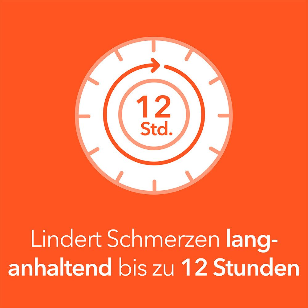 Uhr mit Pfeil. Text: Lindert Schmerzen anhaltend bis zu 12 Stunden.