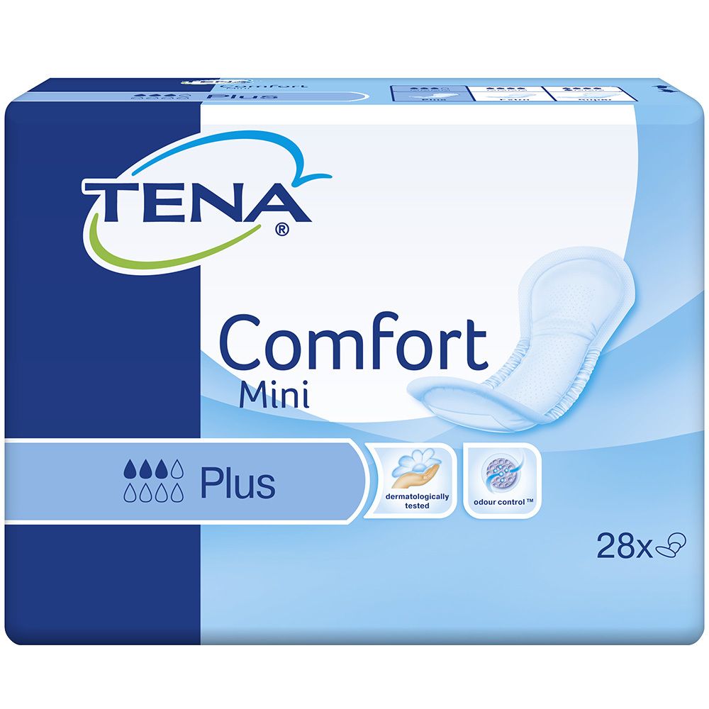 Verpackung von TENA Comfort Mini Plus. Blaue und weiße Verpackung mit Produktabbildung. Aufschrift: Comfort Mini Plus, 28 Stück.
