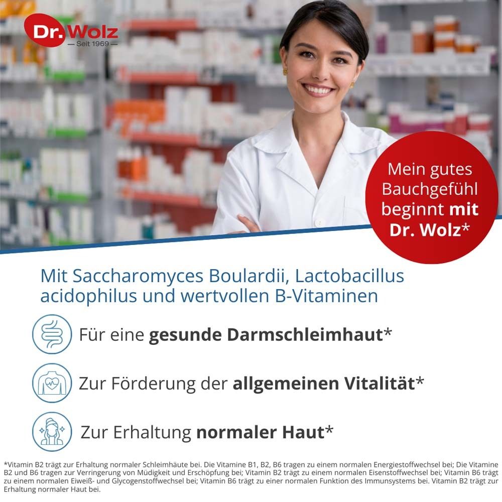 Frau in weißem Kittel. Text: Mein gutes Bauchgefühl beginnt mit Dr. Wolz. Produktinformationen.