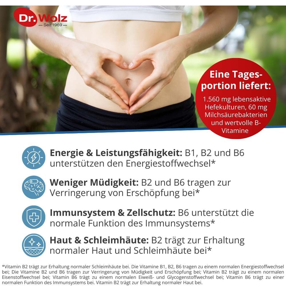 Hände formen Herz über Bauch. Text: Eine Tagesportion liefert: 1.560 mg leb. Hefekulturen, 60 mg Milchsäurebakterien.