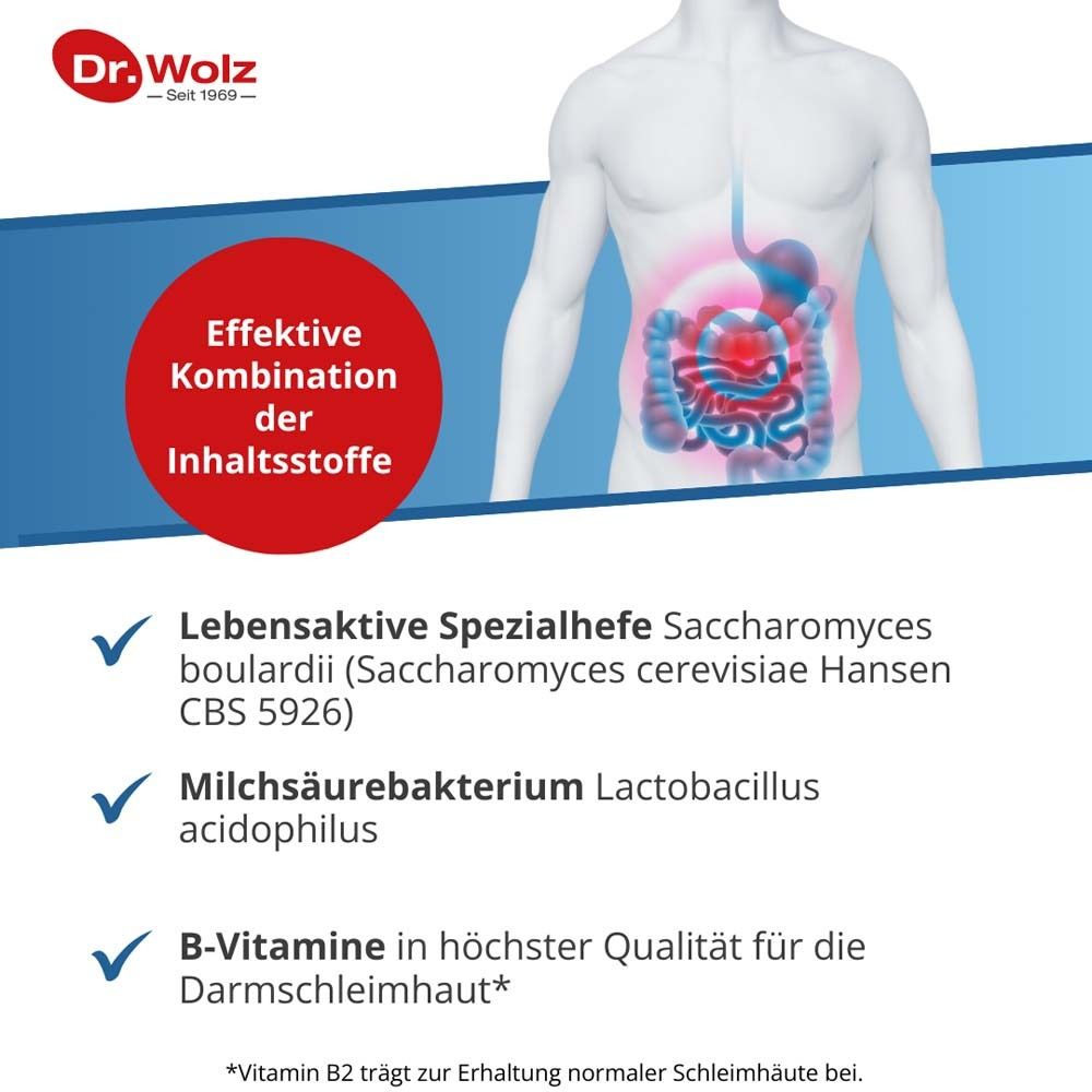 Illustration des menschlichen Darms. Text: Effektive Kombination der Inhaltsstoffe. Vorteile von Sanuzella® D.