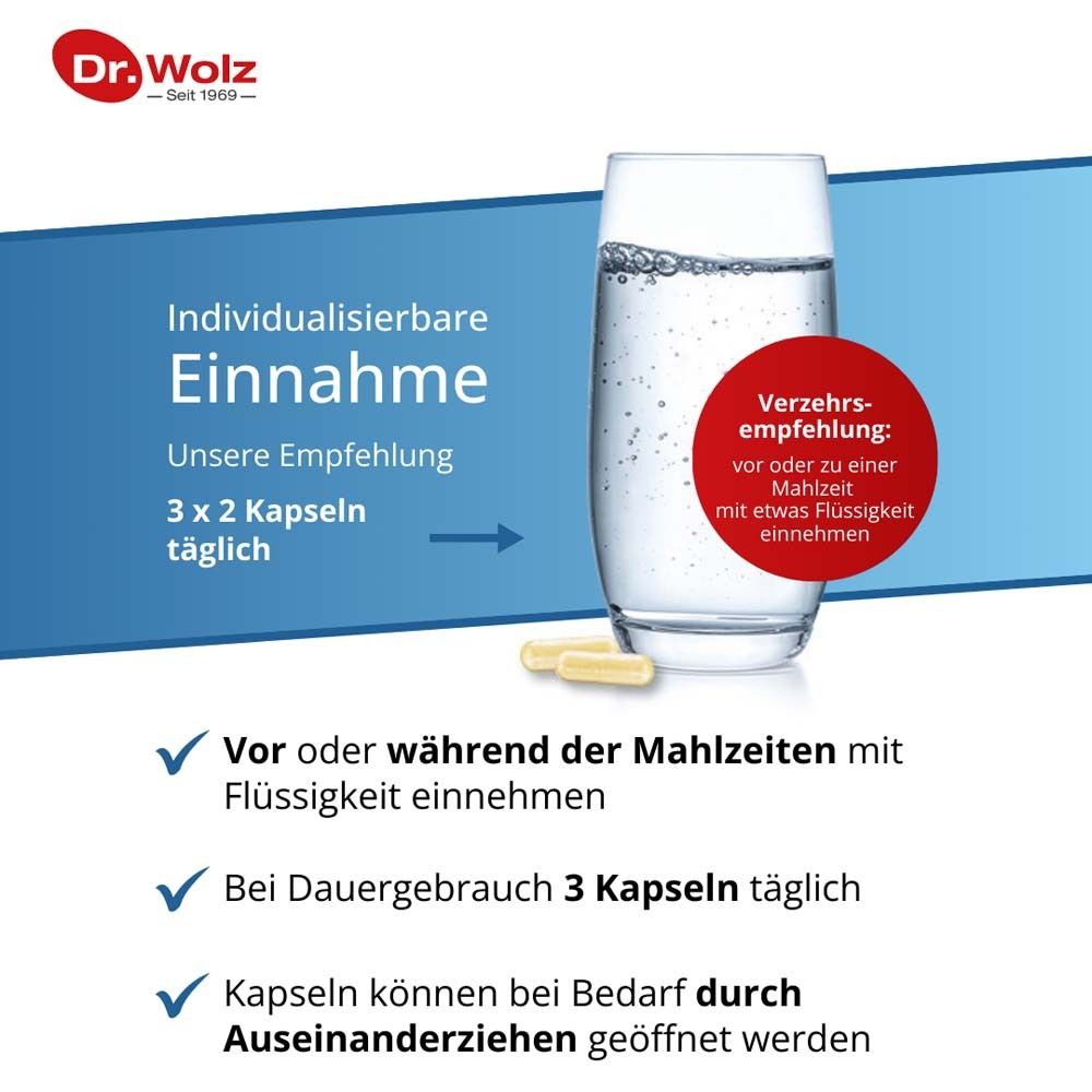Glas Wasser und Kapseln. Text: Individualisierbare Einnahme. Empfehlung: 3x2 Kapseln täglich.