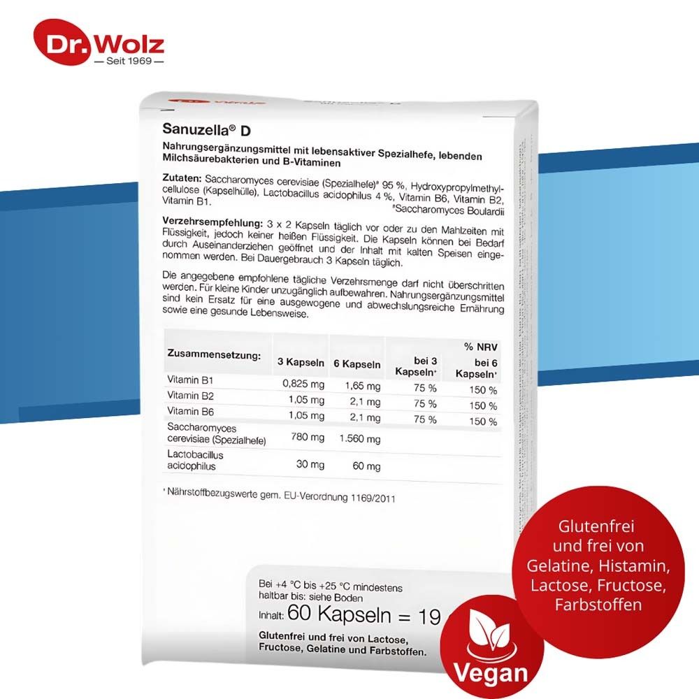 Rückseite der Sanuzella® D-Packung. Zutaten, Nährwerttabelle, Hinweise. Vegan-Siegel.