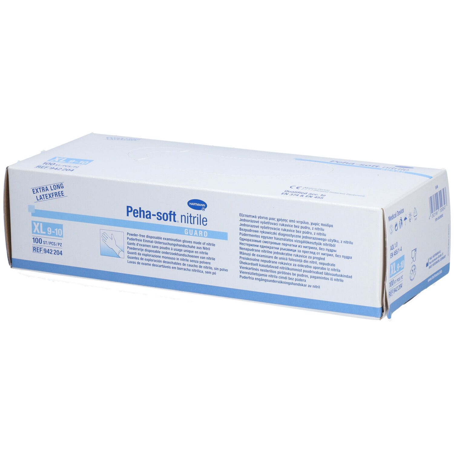 Karton mit PEHA-SOFT Nitril Guard Handschuhen, XL, 100 Stück. Extra lang, latexfrei. Blaue und weiße Verpackung.