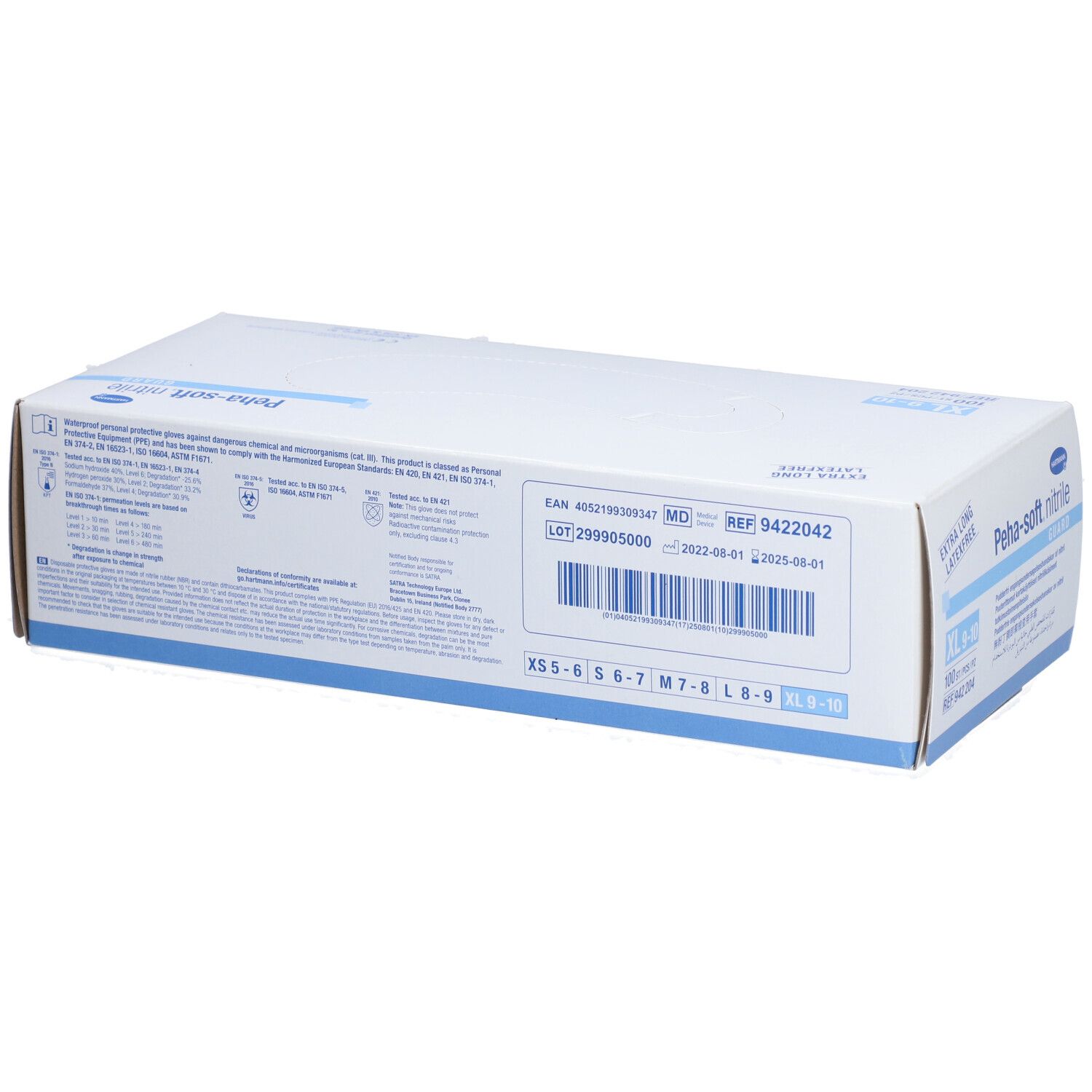 Rückseite der Verpackung von PEHA-SOFT Nitril Guard Handschuhen. Enthält Informationen wie Chargennummer und Größen.