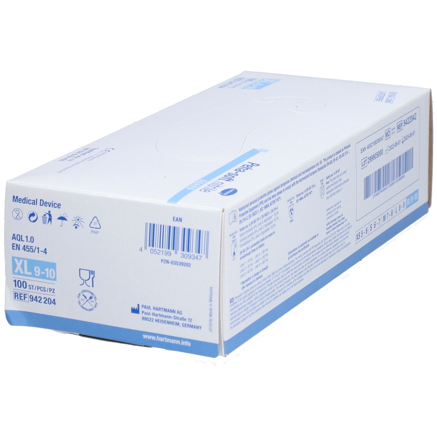 Verpackung von PEHA-SOFT Nitril Guard Handschuhen. Enthält Informationen wie Größe, Chargennummer und Hersteller.