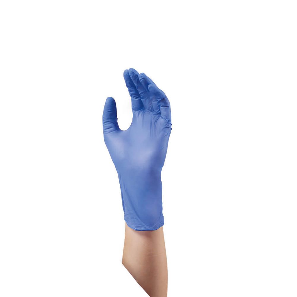 Blauer Nitril-Handschuh, getragen. Hand in leichter Aufwärtsbewegung.