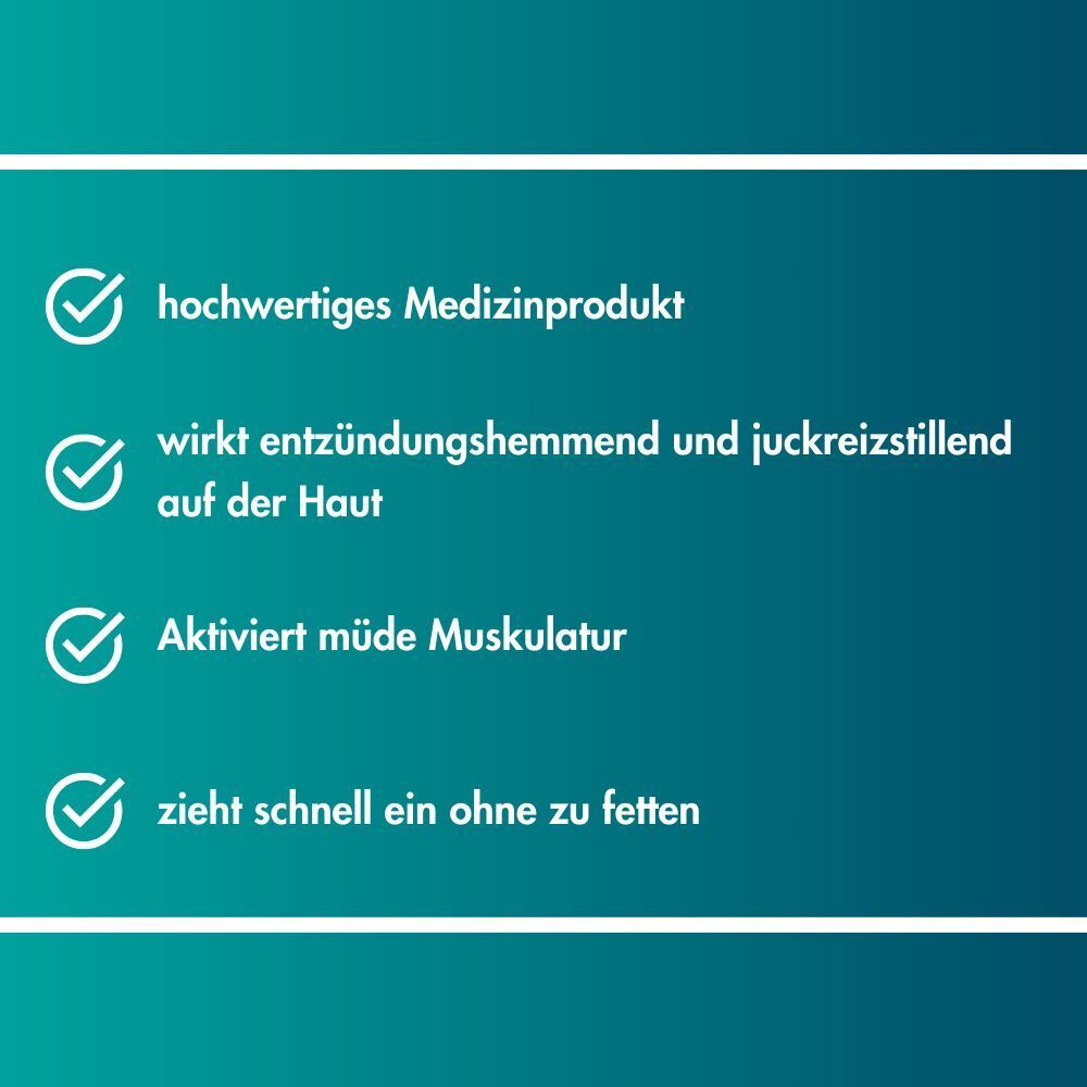 Liste mit vier Vorteilen: "hochwertiges Medizinprodukt", "wirkt entzündungshemmend und juckreizstillend", "Aktiviert müde Muskulatur", "zieht schnell ein ohne zu fetten".