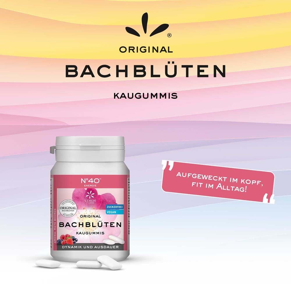 Produktverpackung mit Kaugummis. Dose mit rosa Etikett. Aufschrift: Original Bachblüten Kaugummis. Logo: Zitrone und Blume. Text: Aufgeweckt im Kopf, fit im Alltag!