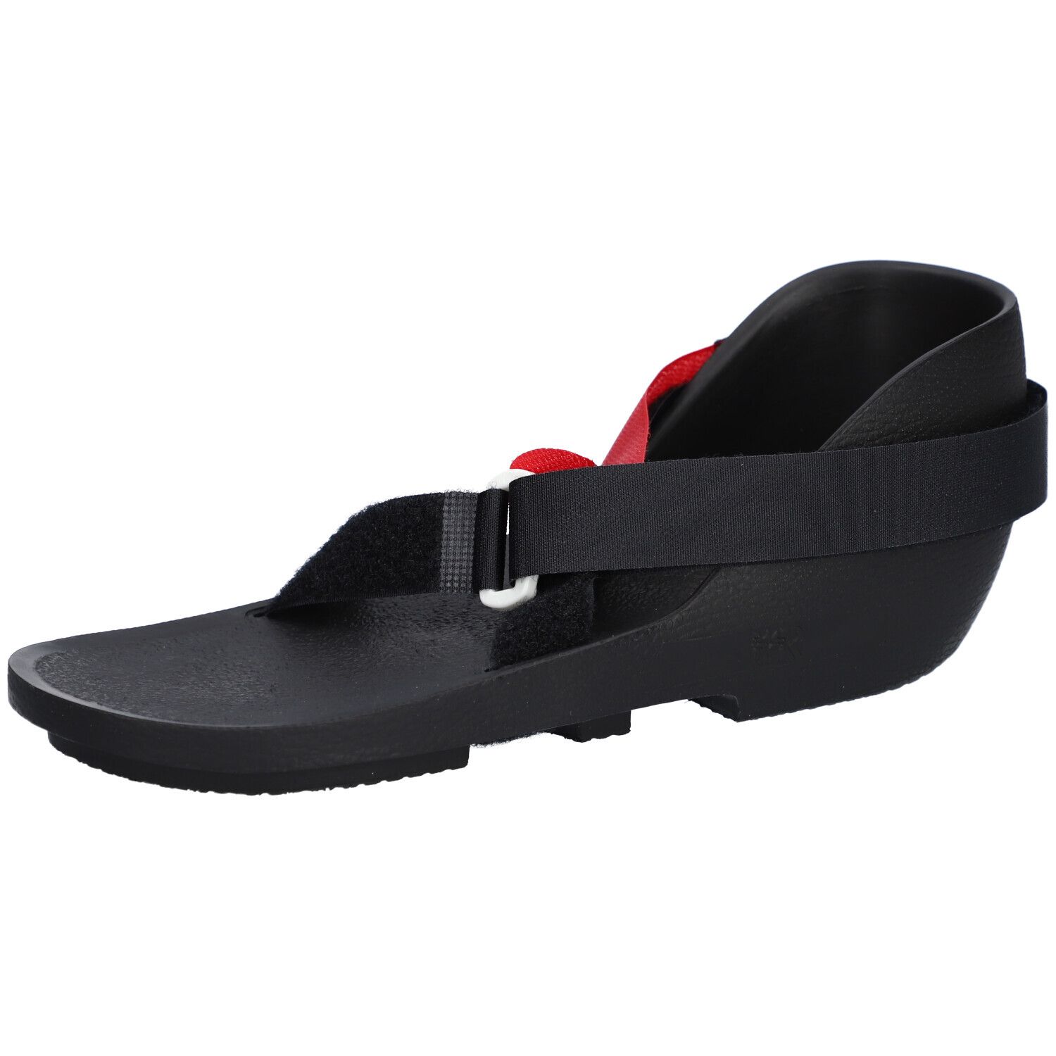 Schuhcast, schwarz, mit Riemen und Klettverschluss. Roter Stoff. Seitliche Ansicht.