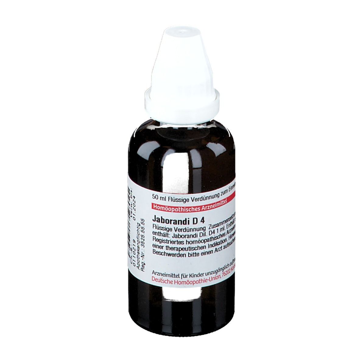 Braune Glasflasche mit weißem Verschluss. Beschriftung: DHU Jaborandi D4. 50 ml Flüssige Verdünnung.