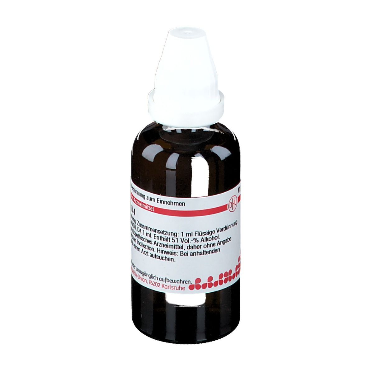 Braune Glasflasche mit weißem Verschluss. Beschriftung: DHU Jaborandi D4. 50 ml Flüssige Verdünnung.