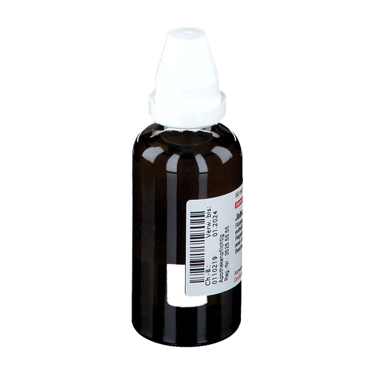 Braune Glasflasche mit weißem Verschluss. Etikett mit Barcode und Text. DHU Jaborandi D4.
