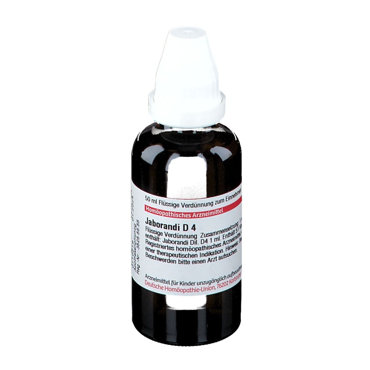 Braune Glasflasche mit weißem Verschluss. Beschriftung: DHU Jaborandi D4. 50 ml Flüssige Verdünnung.