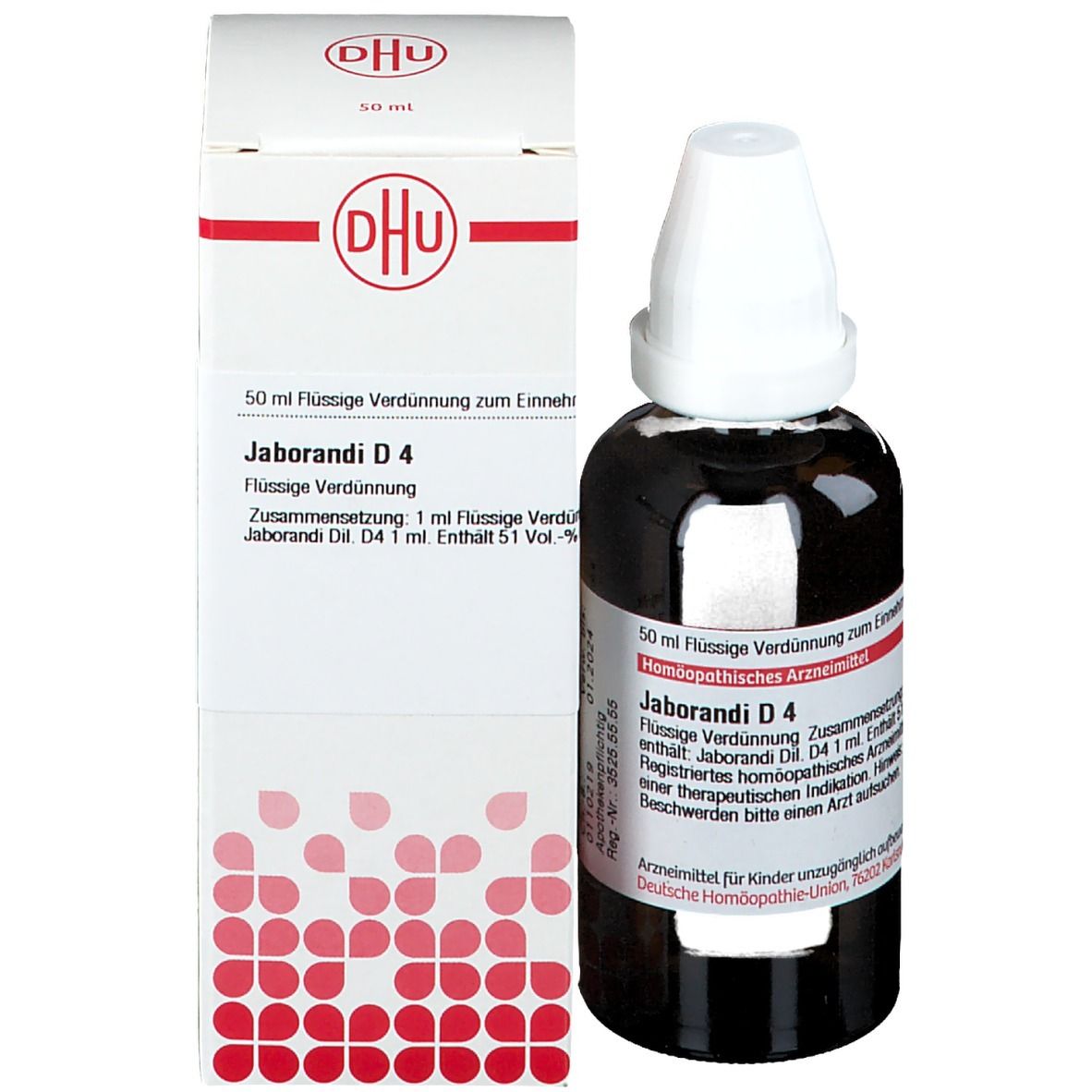 Produktverpackung mit Flasche. Karton mit DHU-Logo und Produktnamen Jaborandi D4. 50 ml.