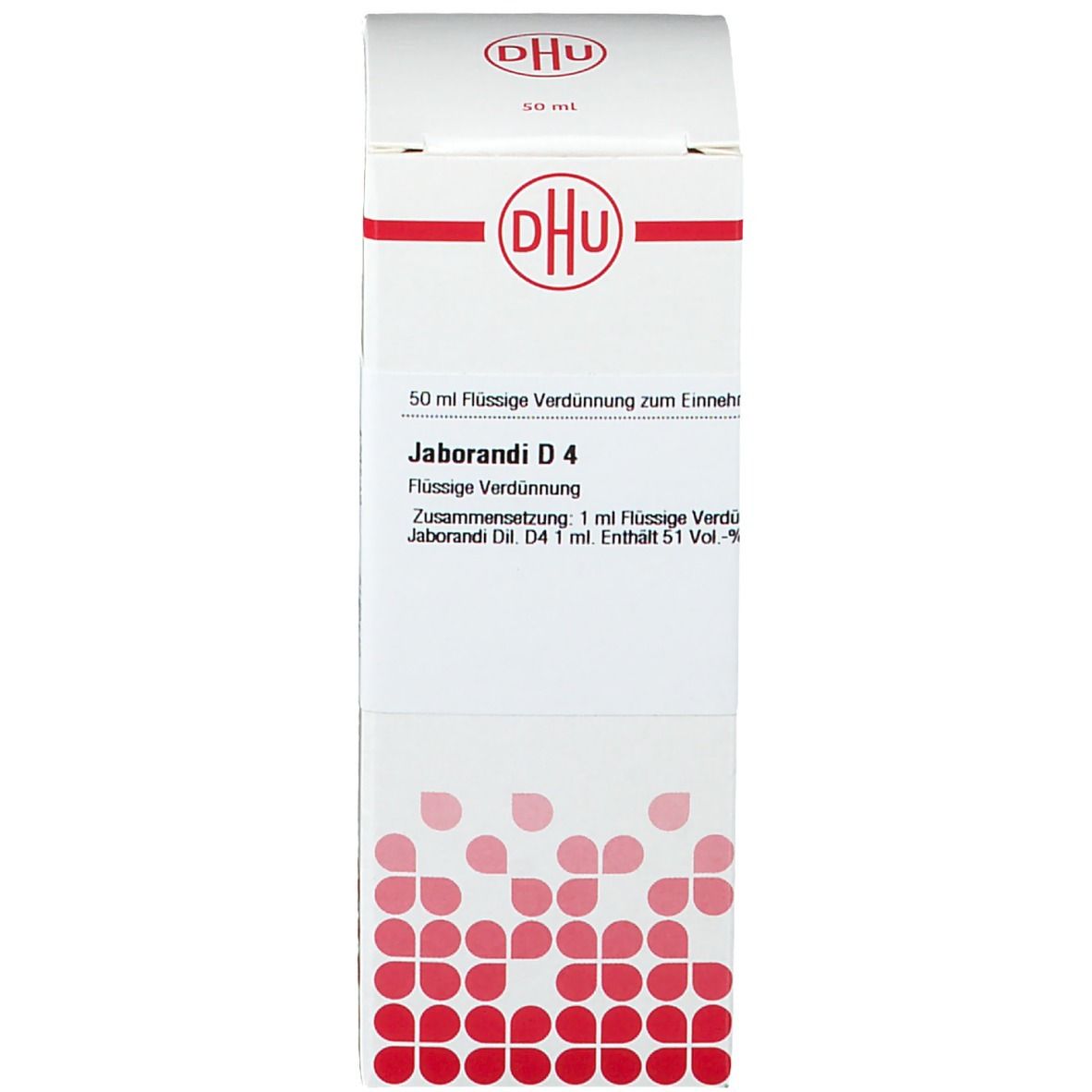Produktverpackung. Weißer Karton mit DHU-Logo und Produktnamen Jaborandi D4. 50 ml.