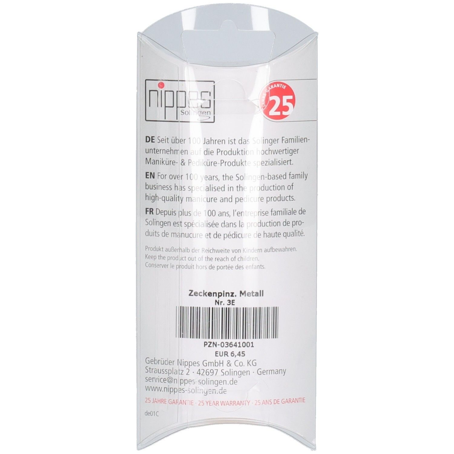 Rückseite der Verpackung. Text in Deutsch, Englisch und Französisch. Barcode und Produktinformationen. 25 Jahre Garantie.