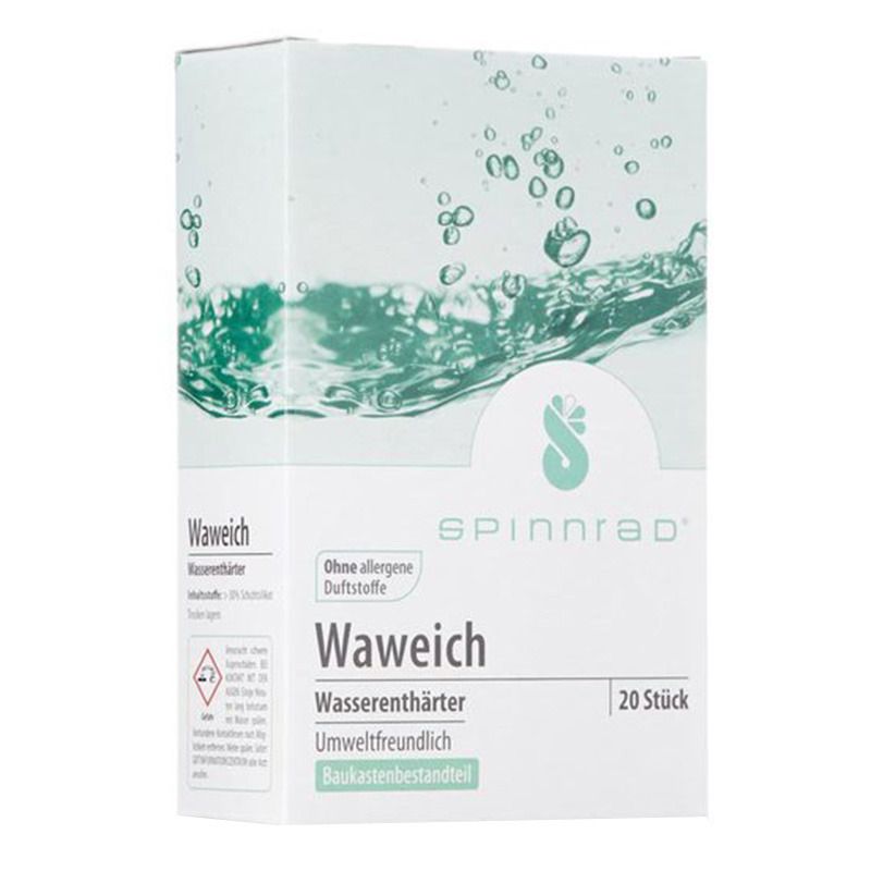 Weiße Produktverpackung mit Spinnrad-Logo und Produktbezeichnung "Waweich Wasserenthärter". Enthält 20 Stück. Umweltfreundlich.